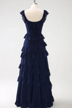 Dark Navy A-Line Tiered Chiffon Vestido de Dama de Honra Longo