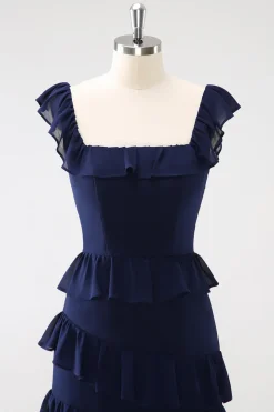 Dark Navy A-Line Tiered Chiffon Vestido de Dama de Honra Longo