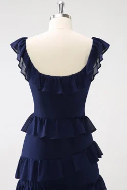 Dark Navy A-Line Tiered Chiffon Vestido de Dama de Honra Longo