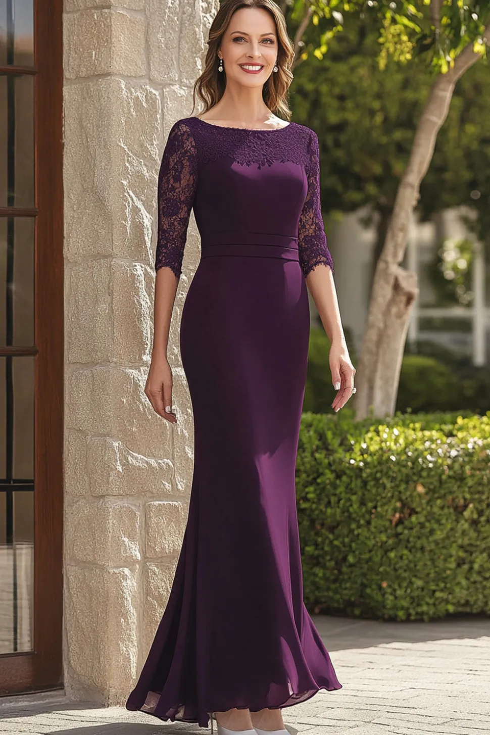 Dark Purple Lace Chiffon Sereia Mãe do Vestido da Noiva com 3/4 Mangas