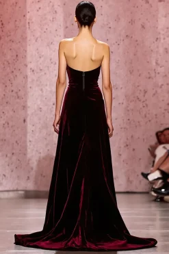 Dark Red Strapless Velvet Long Evening Dress