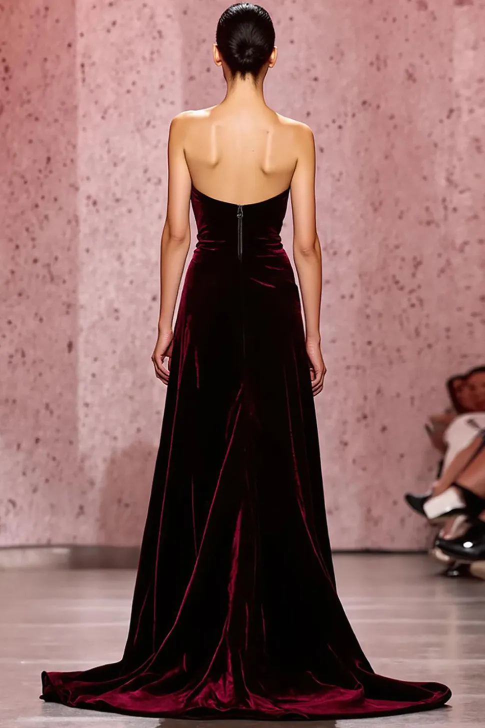 Dark Red Strapless Velvet Long Evening Dress