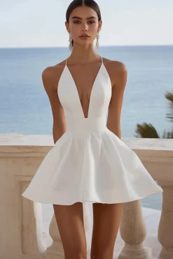 De Baile/Princesa Decote em V Cetim Mini Vestidinho Branco