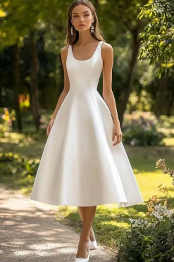 De Baile/Princesa Decote Redondo Cetim Midi Vestidinho Branco