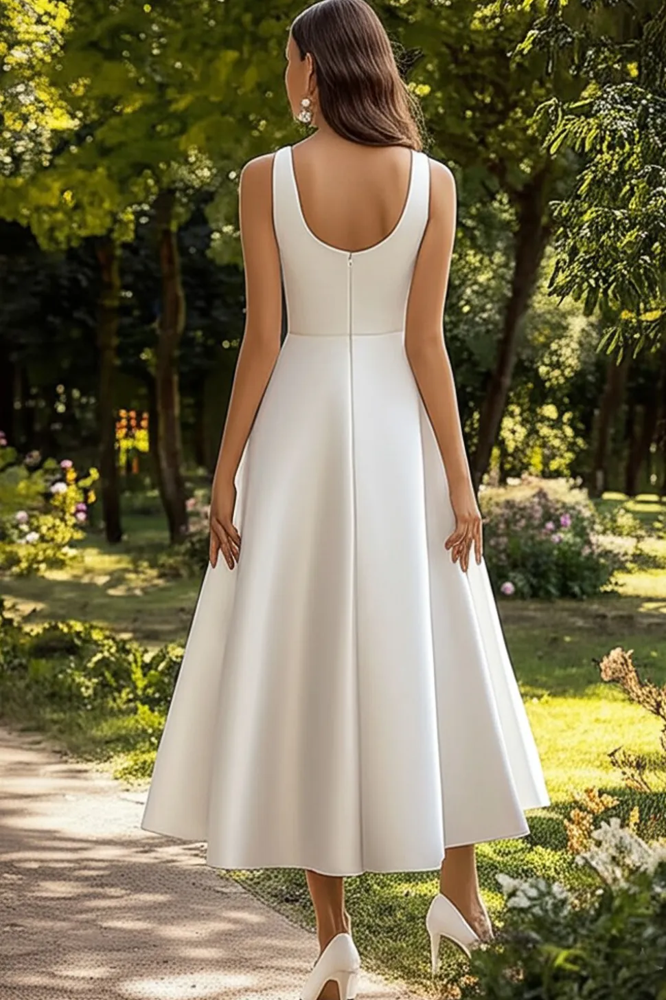 De Baile/Princesa Decote Redondo Cetim Midi Vestidinho Branco