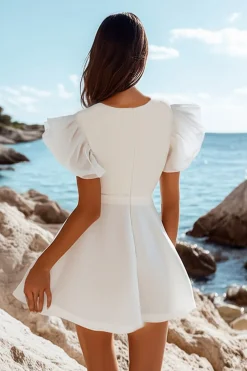 Decote em V Babados Curto Linha-A Vestidinho Branco