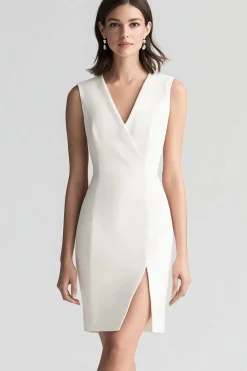 Decote em V Bainha Sem Mangas Curto Vestidinho Branco com Fenda