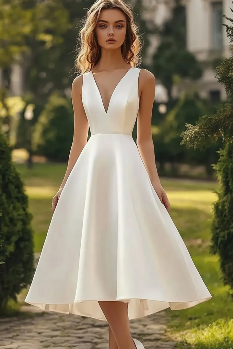 Decote em V De Baile/Princesa Cetim Midi Vestidinho Branco