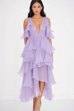 Decote em V Lilás Chiffon Longo Babados Vestido De Baile