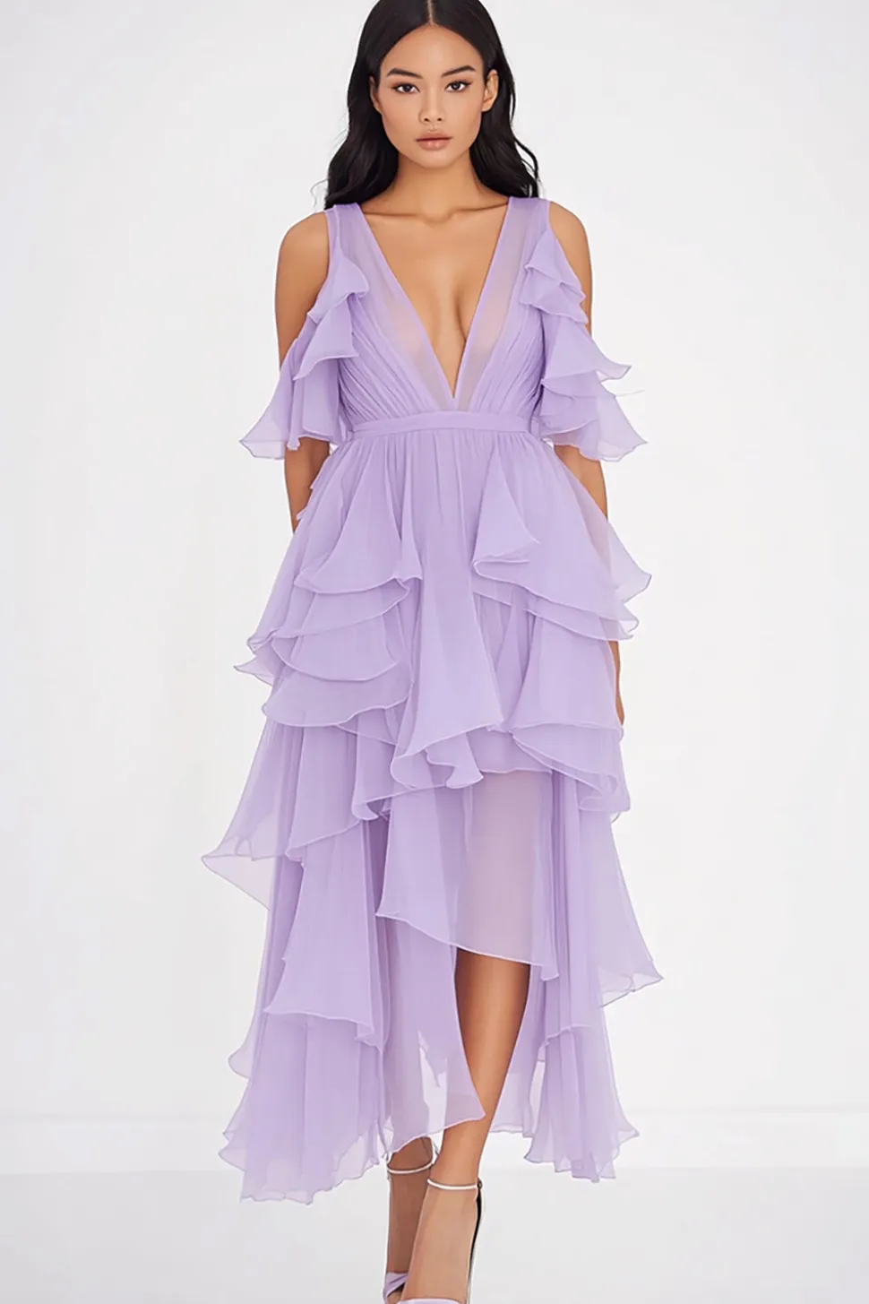 Decote em V Lilás Chiffon Longo Babados Vestido De Baile