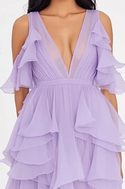 Decote em V Lilás Chiffon Longo Babados Vestido De Baile