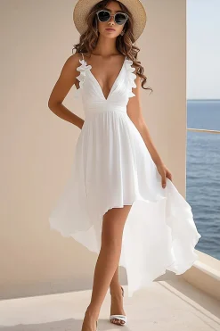 Decote em V Linha-A Chiffon Assimétrico Vestidinho Branco