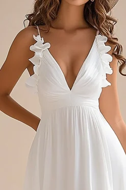 Decote em V Linha-A Chiffon Assimétrico Vestidinho Branco