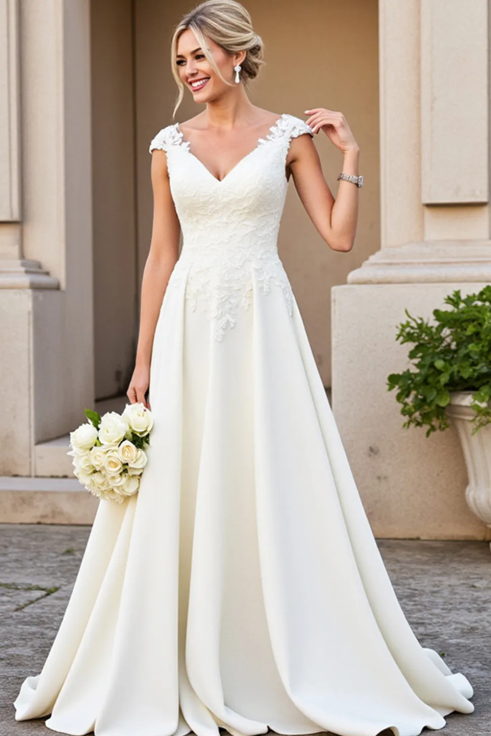 Decote em V Marfim Linha-A Cetim Longos Vestido de Noiva com Renda