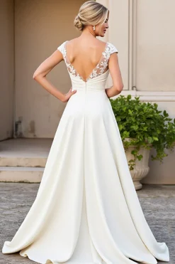 Decote em V Marfim Linha-A Cetim Longos Vestido de Noiva com Renda