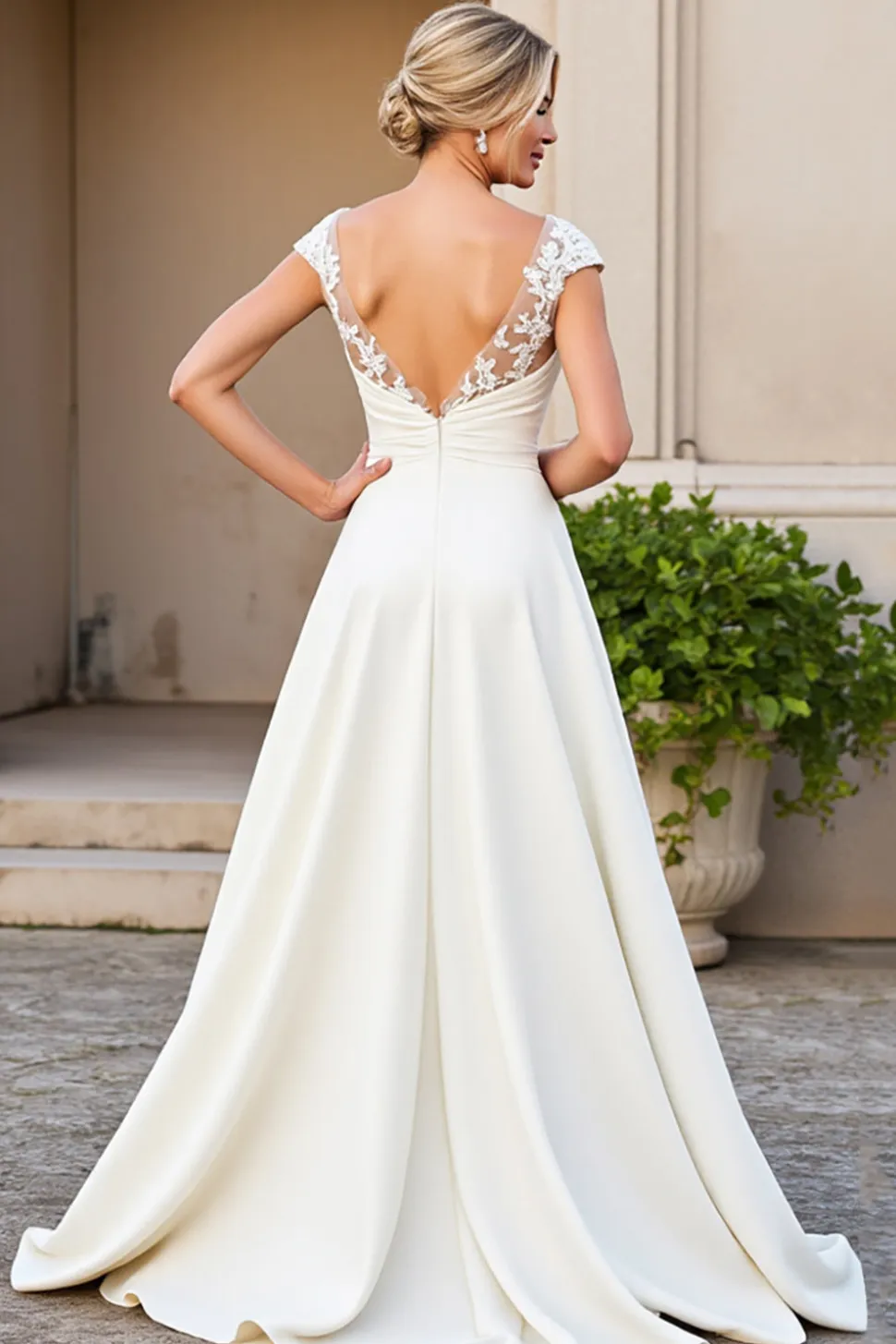 Decote em V Marfim Linha-A Cetim Longos Vestido de Noiva com Renda