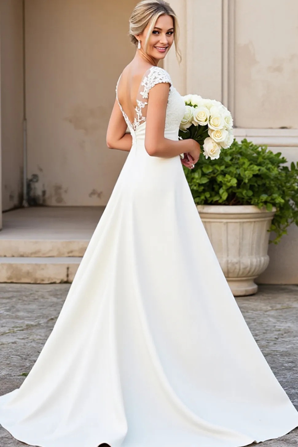 Decote em V Marfim Linha-A Cetim Longos Vestido de Noiva com Renda