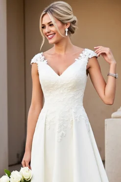 Decote em V Marfim Linha-A Cetim Longos Vestido de Noiva com Renda