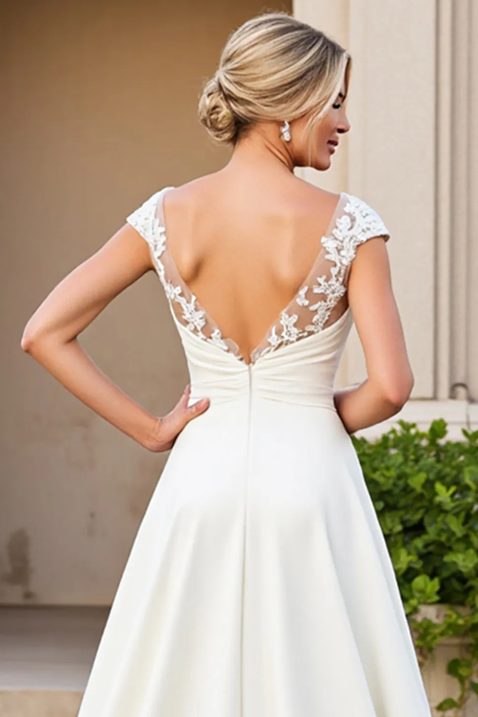 Decote em V Marfim Linha-A Cetim Longos Vestido de Noiva com Renda