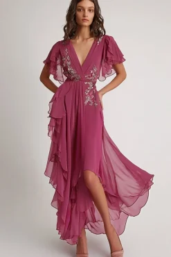 Decote em V Rosa Escuro Flores Assimétrico Chiffon Vestido De Baile
