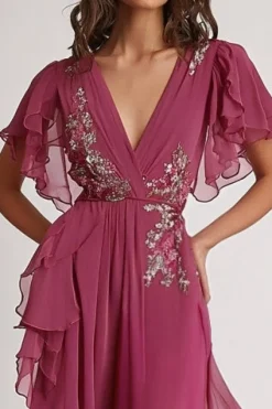 Decote em V Rosa Escuro Flores Assimétrico Chiffon Vestido De Baile