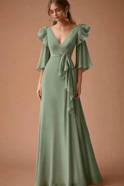 Decote em V Sábio Empoeirado Chiffon Linha-A Longos Vestido Cerimónia