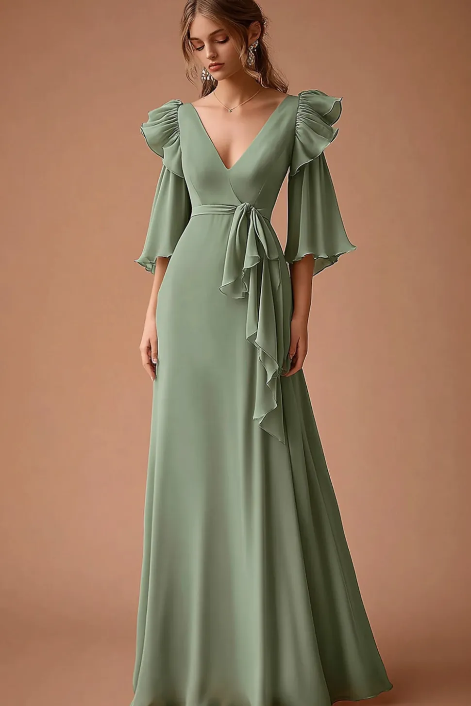Decote em V Sábio Empoeirado Chiffon Linha-A Longos Vestido Cerimónia