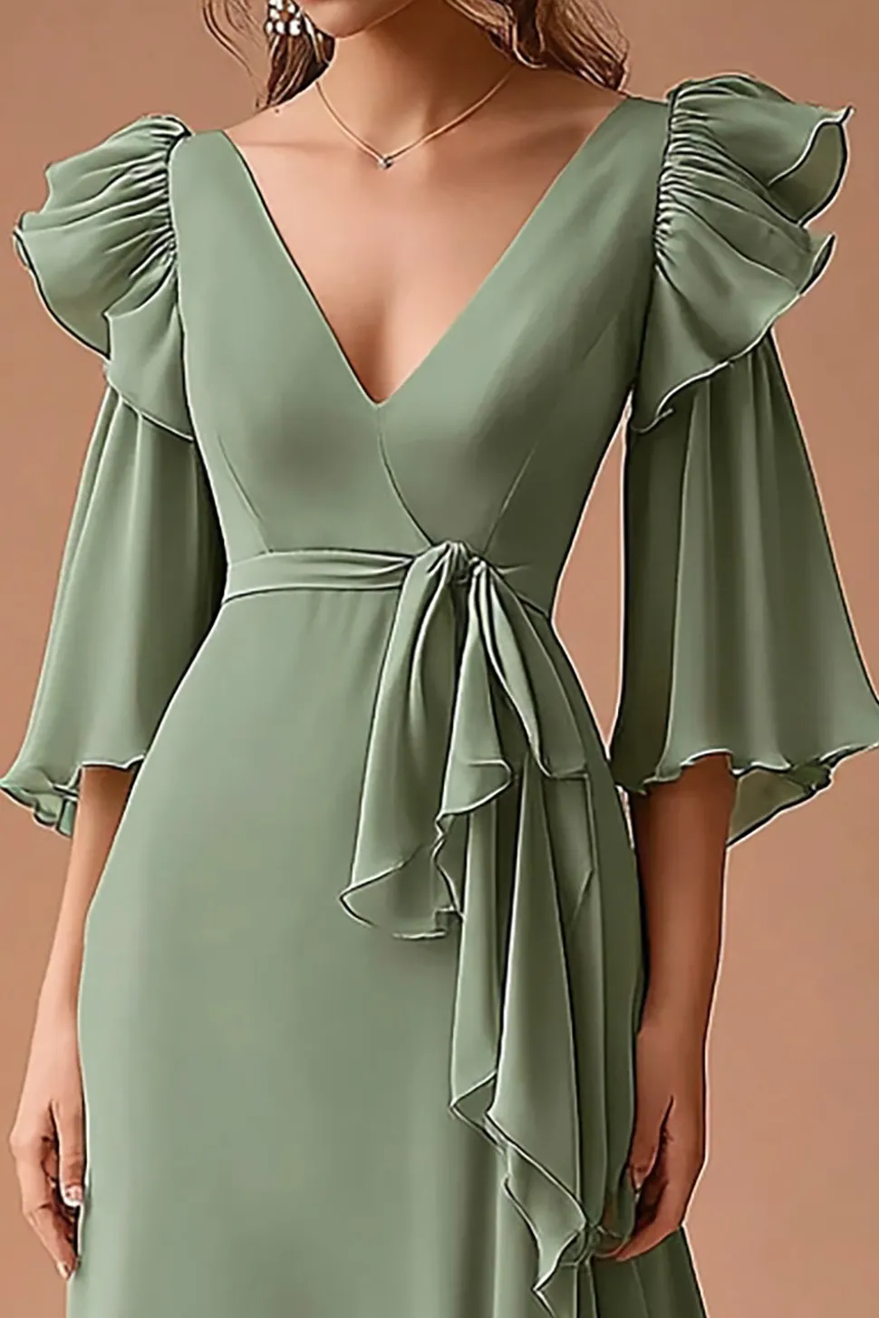 Decote em V Sábio Empoeirado Chiffon Linha-A Longos Vestido Cerimónia