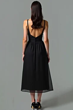 Deep V-Neck A-Line Chiffon Tea Length Vestido Preto Pequeno com Costas Abertas