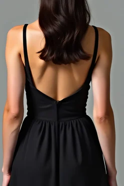 Deep V-Neck A-Line Chiffon Tea Length Vestido Preto Pequeno com Costas Abertas