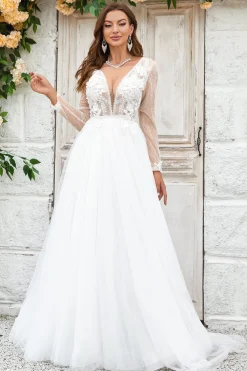 Deep V-Neck Marfim Tule Varredura Trem Vestido de Noiva com Renda