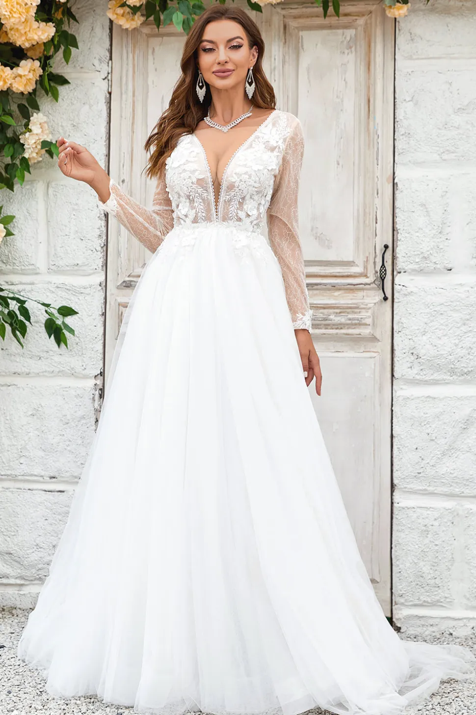Deep V-Neck Marfim Tule Varredura Trem Vestido de Noiva com Renda