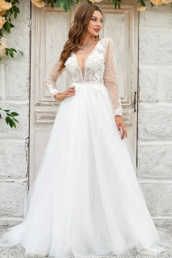 Deep V-Neck Marfim Tule Varredura Trem Vestido de Noiva com Renda
