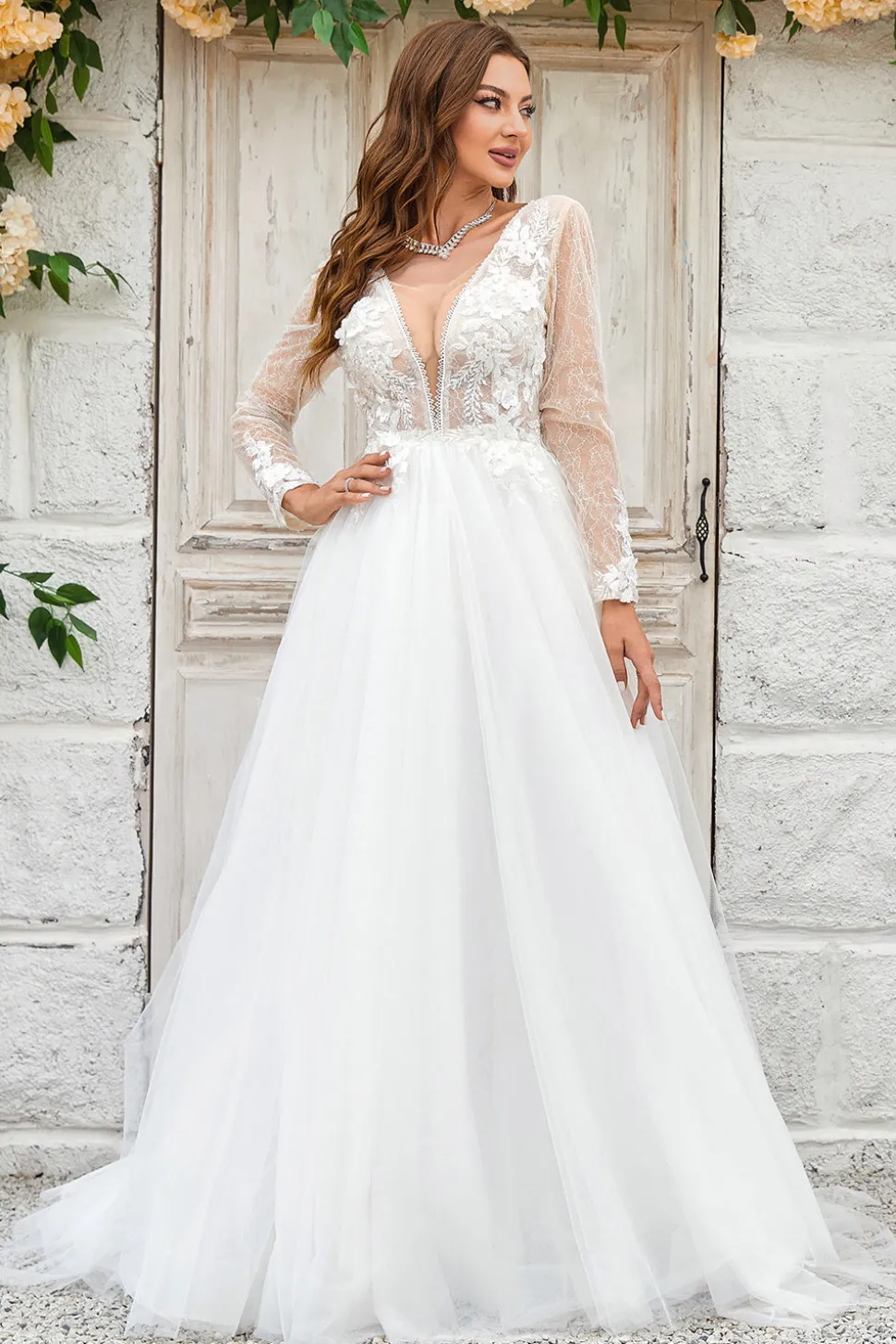Deep V-Neck Marfim Tule Varredura Trem Vestido de Noiva com Renda