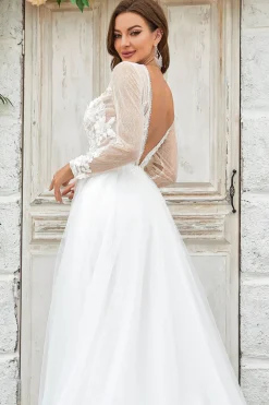 Deep V-Neck Marfim Tule Varredura Trem Vestido de Noiva com Renda