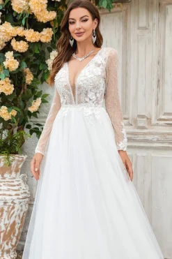 Deep V-Neck Marfim Tule Varredura Trem Vestido de Noiva com Renda
