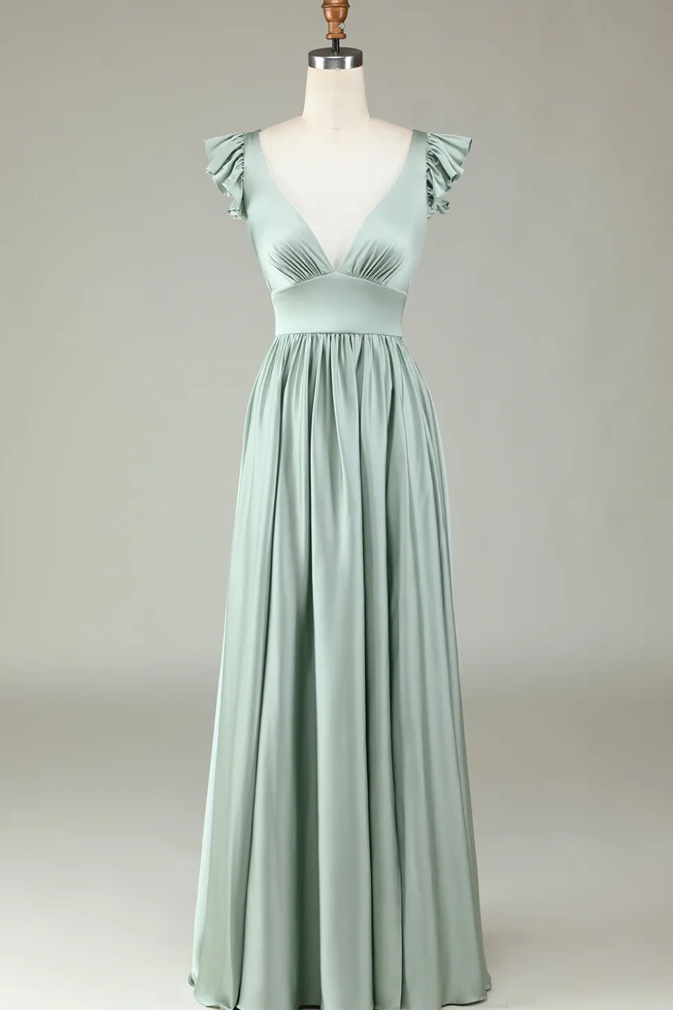 Deep V-Neck Matcha Vestido Longo Madrinha com Folhos