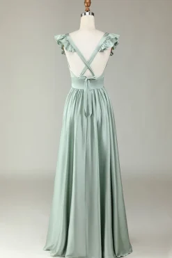 Deep V-Neck Matcha Vestido Longo Madrinha com Folhos