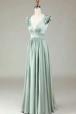 Deep V-Neck Matcha Vestido Longo Madrinha com Folhos