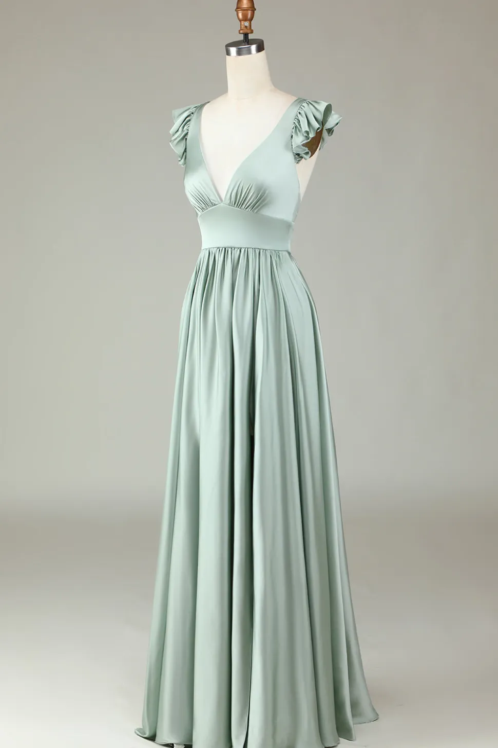 Deep V-Neck Matcha Vestido Longo Madrinha com Folhos