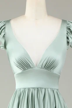 Deep V-Neck Matcha Vestido Longo Madrinha com Folhos