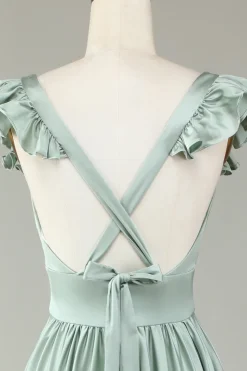 Deep V-Neck Matcha Vestido Longo Madrinha com Folhos