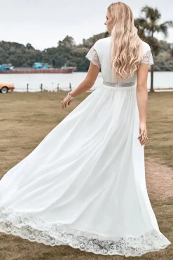 Deep V-neck simples Boho vestido de noiva com fenda