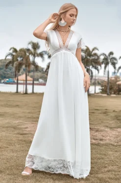 Deep V-neck simples Boho vestido de noiva com fenda