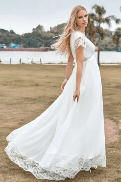Deep V-neck simples Boho vestido de noiva com fenda