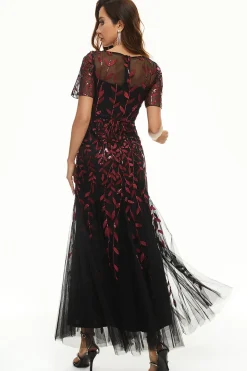 Deixa vestido de mãe de lantejoulas com mangas curtas