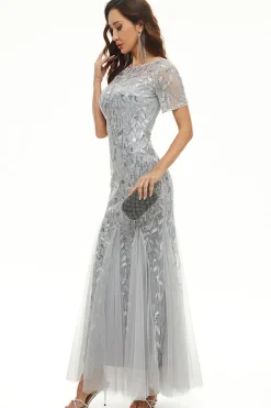 Deixa vestido de mãe de lantejoulas com mangas curtas