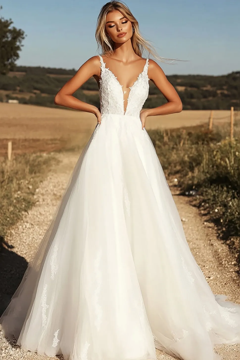 Delicado Marfim V Pescoço Tule Uma Linha Renda Applique Vestido de Noiva