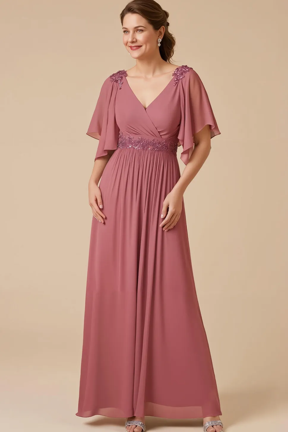 Desert Rose Chiffon Uma Linha Appliqued Mother of the Bride Dress com mangas