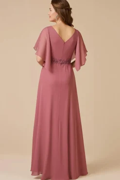 Desert Rose Chiffon Uma Linha Appliqued Mother of the Bride Dress com mangas